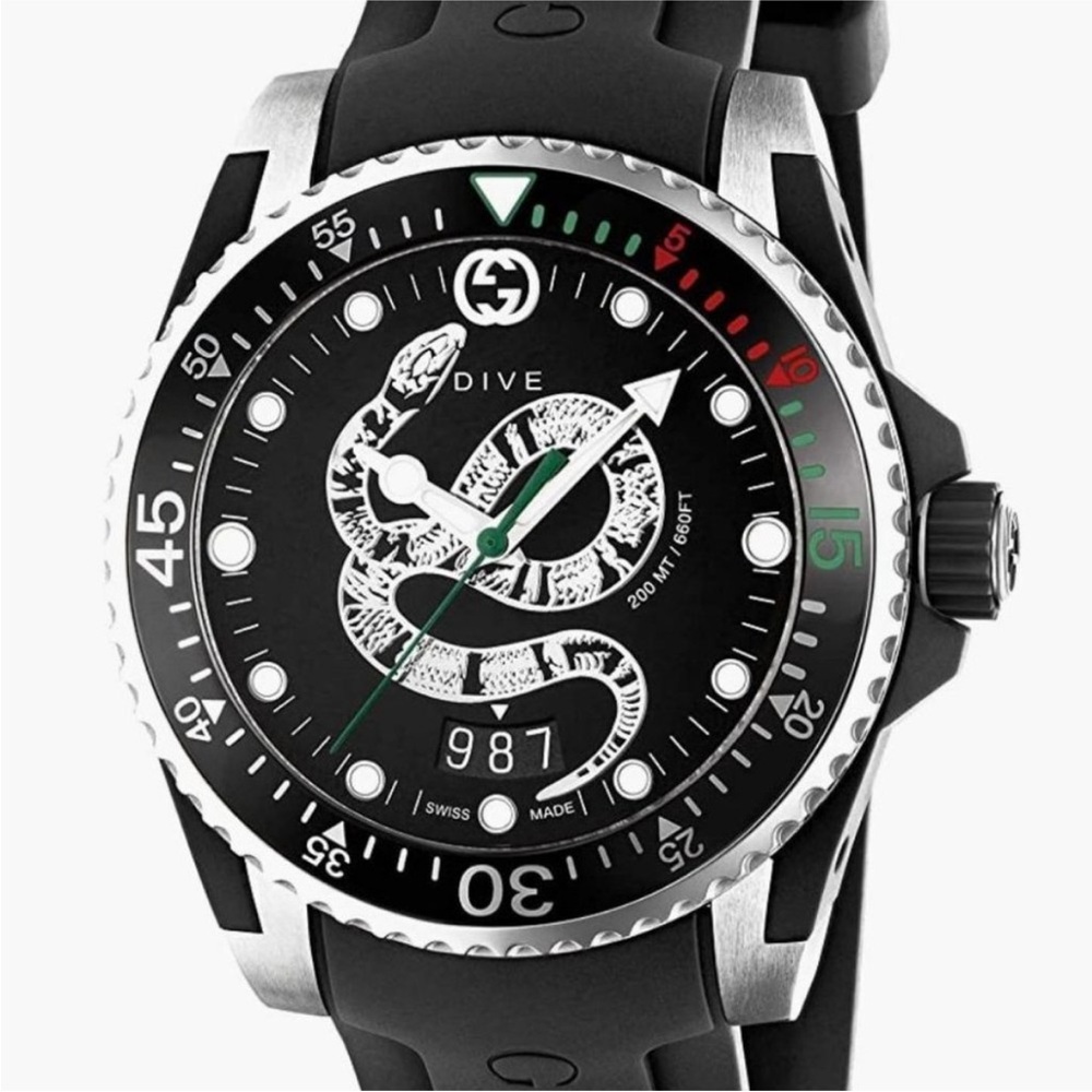 Gucci Dive Swiss Made, Snake Black Dial Quartz Watch, Brand New w/ Box YA136323